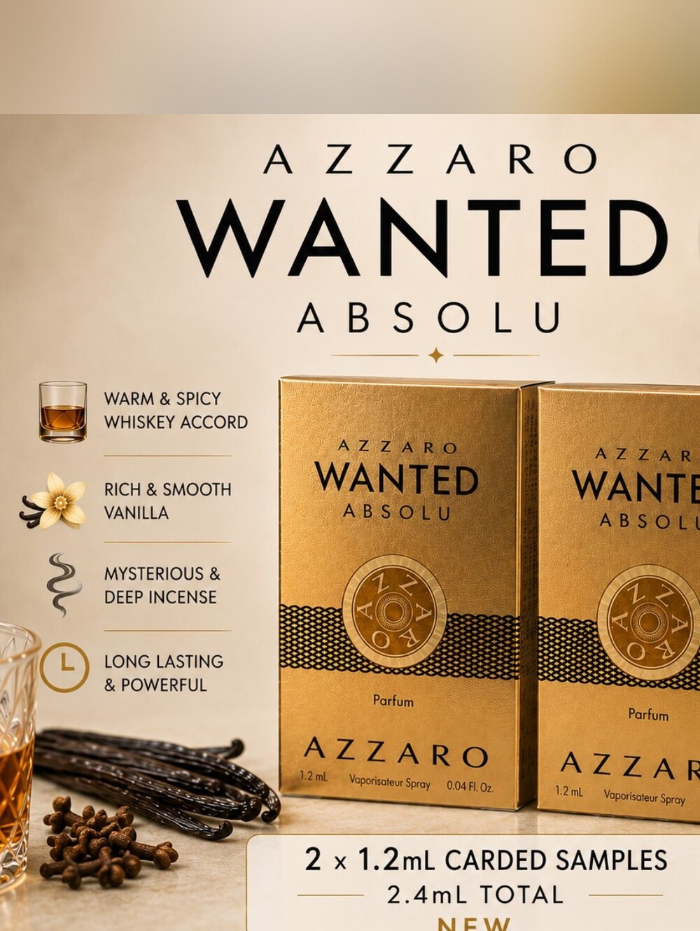 🔥 Azzaro Wanted Absolu Parfum 2 x 1.2mL Carded Samples NEW 🔥